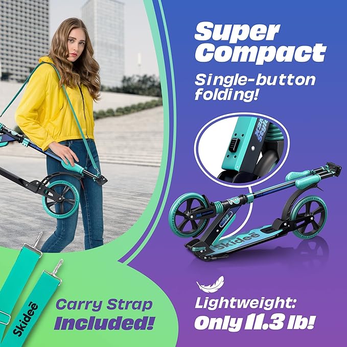 Skidee Adult & Teen Scooter Adjustable Height, Folding, Large Wheels, Lightweight, Durable, Anti-Shock Suspension, Up to 220 lbs