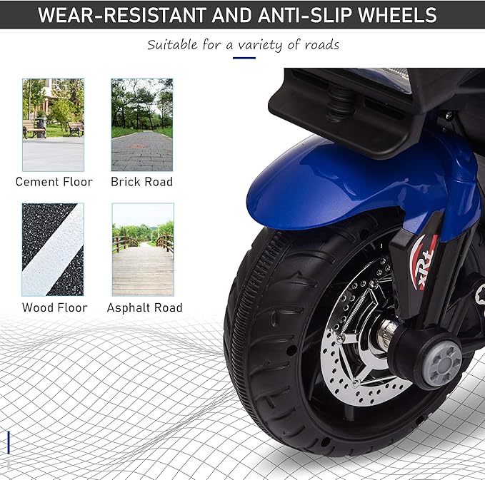 Aosom 6V Kids Motorcycle Toddler Ride-on Toy, High-Traction Battery-Operated Mini Electric Motorbike with Forward/Reverse Switch, Music, Headlights, Horn, Blue