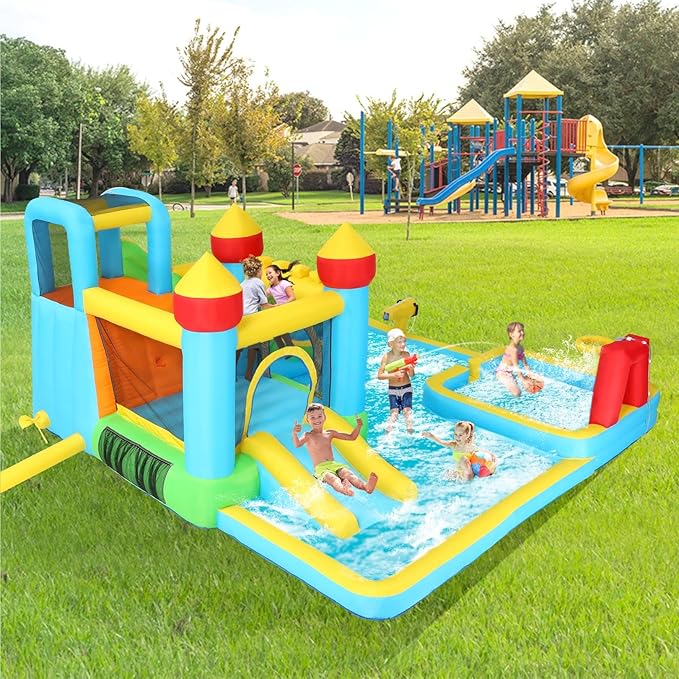 AKEYDIY Bounce House Water Slide, Inflatable Water Slide Park with with Long Slide, Pool, Climbing Wall, Water Gun for Outdoor, Blow up Water Slides Bounce House Castle for Kids Backyard Party Gifts