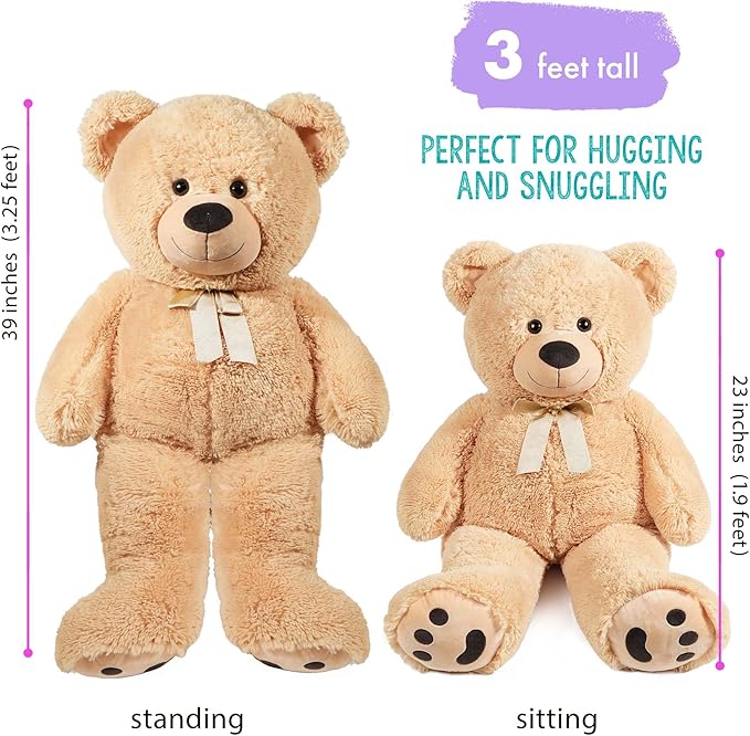 LotFancy 3 Feet Giant Teddy Bear Stuffed Animal, 39 inch Large Bear Plush Toy with Footprints for Birthday, Anniversary, for Her, Women, Girlfriend, Wife