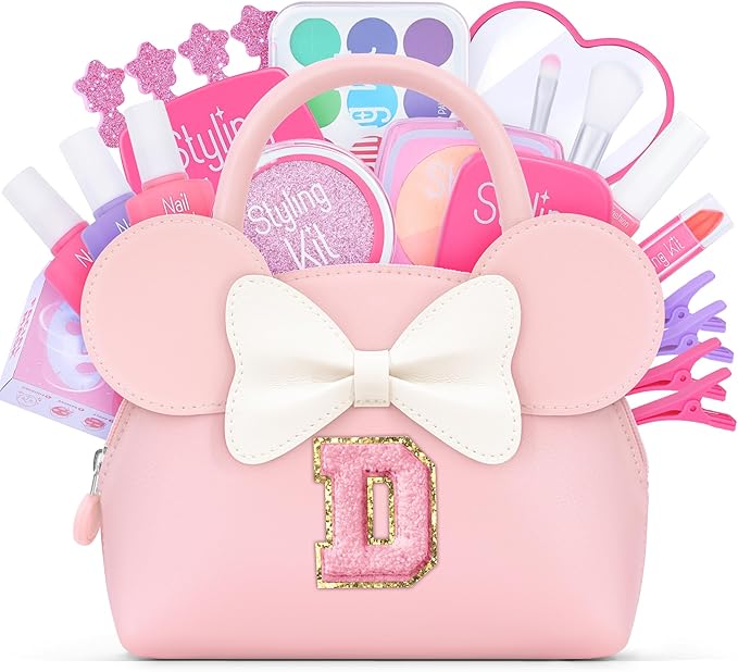 Pretend Makeup Kit for Toddlers Kids- 21Pcs Make Up Toys with Initial Toddler Purse - Birthday Gifts for 3 4 5 Years Old Girls Vanity Set Christmas Birthday Gift Pink D