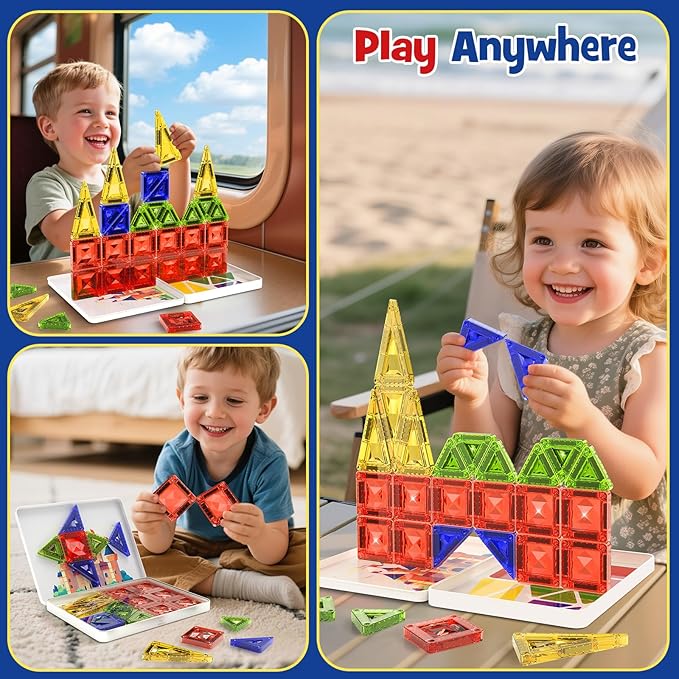 Magnetic Tile Mini Diamond Set Travel Size Magnetic Building Toys with Iron Case, Kid's Travel Essential On-The-Go Magnet Construction Toy Set STEM Development Kit Ages 3+, 26-Piece