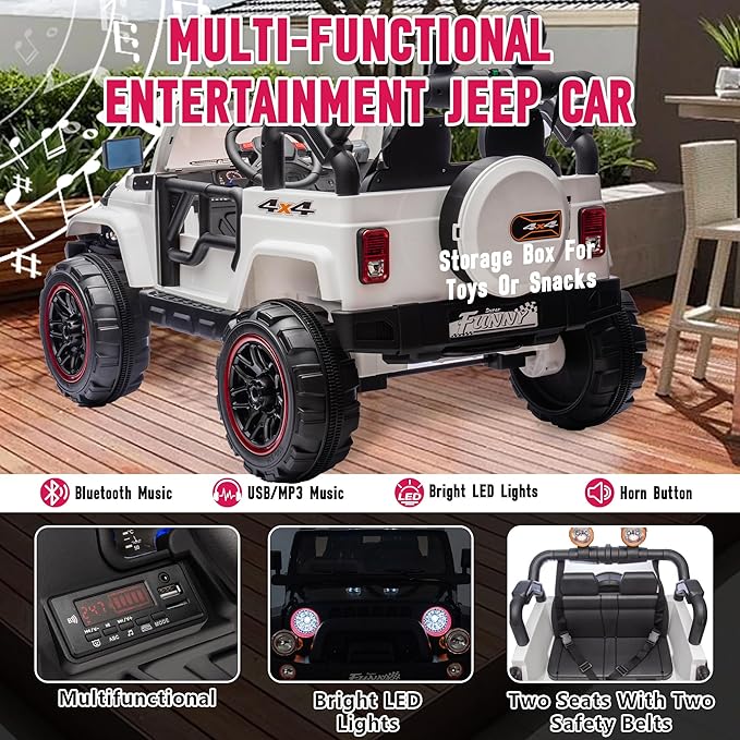 24V XL Kids Electric Ride on Truck Car 2 Seater Remote Control for Toddlers 2-8, 160W 2 Motors 5MPH Max Speed, Bluetooth USB Music Player, LED Lights Safety Belt, Gift for Boys Girls, White