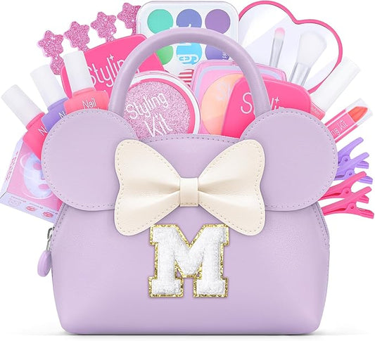 Pretend Makeup Kit for Toddlers Kids- 21Pcs Make Up Toys with Initial Toddler Purse - Birthday Gifts for 3 4 5 Years Old Girls Vanity Set Christmas Birthday Gift Purple M