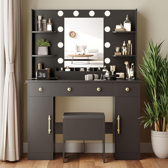 Makeup Vanity Desk with Mirror and Lights, 43" Black Vanity Set with Chair, 3 Drawers, Power Outlet & Adjustable RGB LED Lights, Dressing Table with Storage Shelf for Women & Girls Bedroom