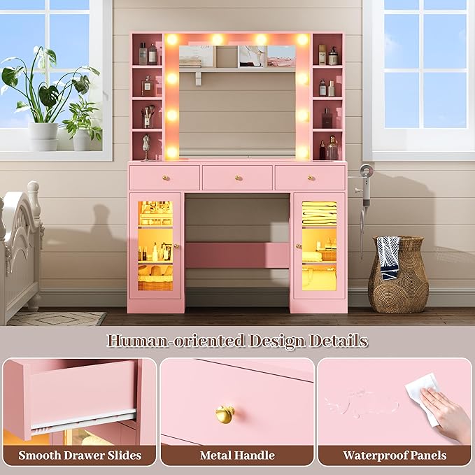 Makeup Vanity with Mirror and Lights, 43'' Wide Dressing Table with Storage Drawers, Open Shelves & Power Outlet, Vanity Desk with RGB Cabinet & Glass Top for Girls Bedroom, Living Room, Pink