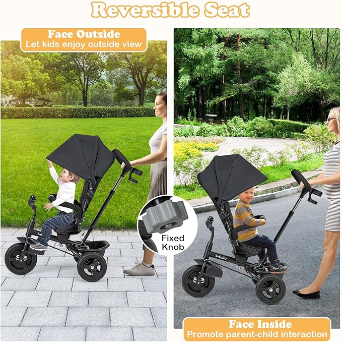 BABY JOY Tricycle, 6 in 1 Tricycle for Toddler w/Reversible Seat, Adjustable Canopy & Parent Handle, 5-Point Safety Belt, PU Wheels and Storage Basket, Push Tricycle for 9-60 Months (Black)