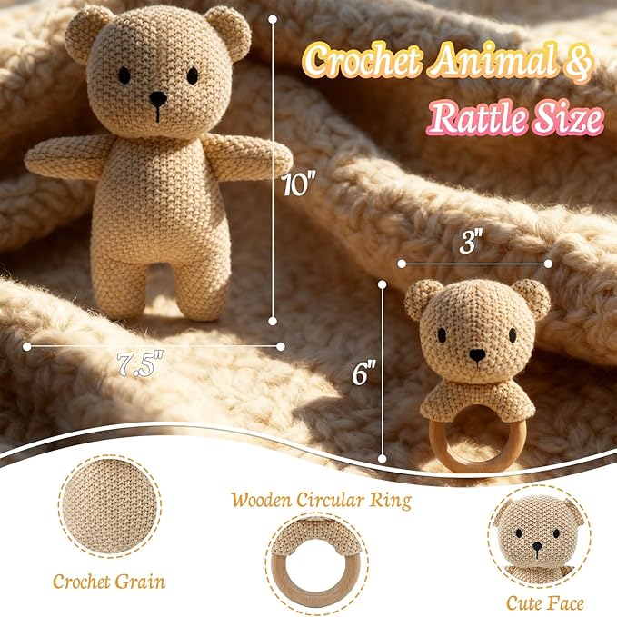 10" Crochet Bear Stuffed Animal with Rattle, Pure Cotton Soft Crochet Doll Plush Toy for Newborn, Handmade Baby Shower Gift & First Birthday Gift