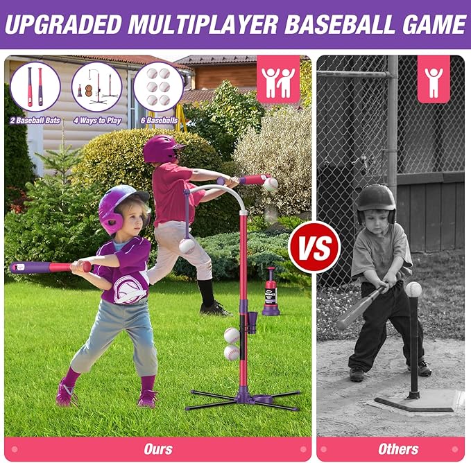 QDRAGON 4 in 1 Tball Set for Toddlers 3-5 with Toss and Catch Ball Set / 2 Bats, Hanging Tee Ball Stand with Auto Pitching Machine, Indoor Outdoor Sport Toys Games Christmas Birthday Gifts for Girls