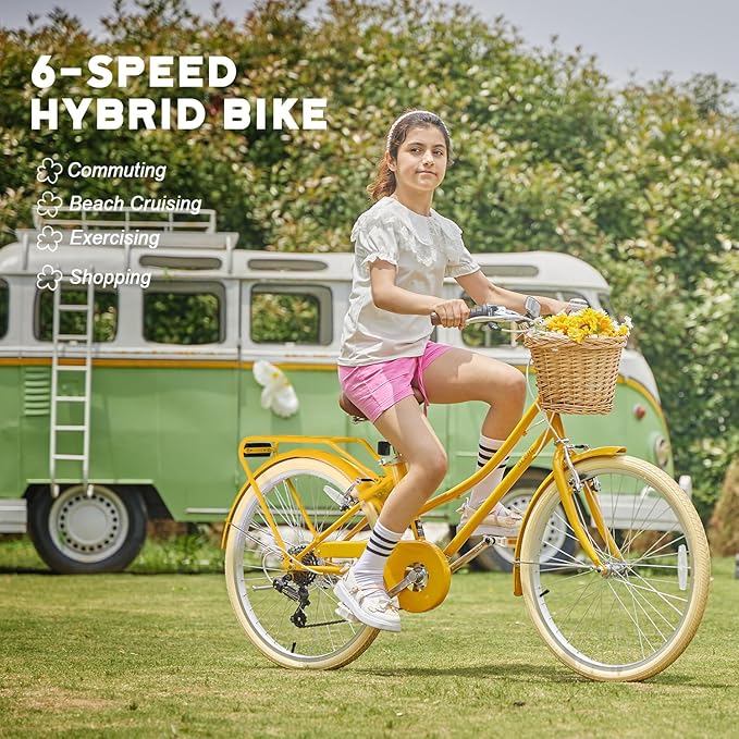 Glerc 20 24 26 Inch Beach Cruiser Bike, 6-Speed Hybrid City Bicycle for Girls Youth and Over 6 Years Old, Missy Bike with Wicker Basket & Lightweight, Multiple Colors