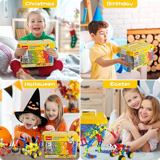 156 PCS Creative Building Blocks Building Toy Set - Featuring Storage, Includes Dinosaur, Robot, Car, Spider, Dog, Animal Figure Building Toy Playset for Kids, Birthday Gift Ages 3+ (N)