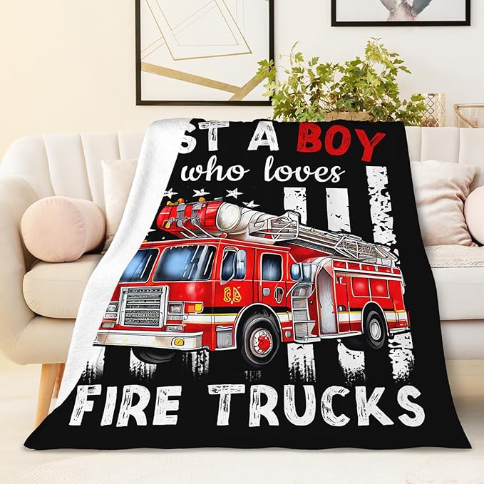 Boys Blanket Gifts, Fire Trucks Throw Blankets for Kids Teens, 40x50 Inches Cute Throws for Truck Lovers - Black Soft Fuzzy Car Blankets for Sofa Couch Bed