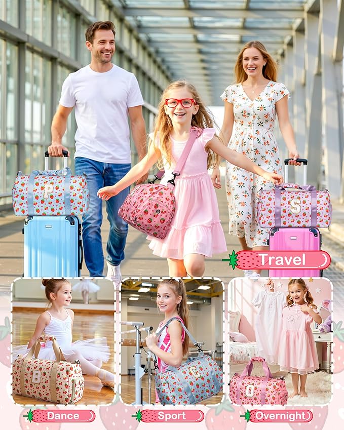 Personalized Gifts for Her, Kids Duffle Bag with Letter, Dance Bag with Makeup Toiletry Pouch, Shoe Compartment & Wet Separation, Preppy Trendy Stuff for Kindergarten Elementary Girls