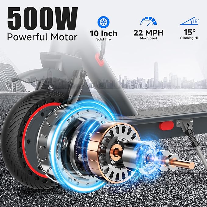 Electric Scooter, 500W Powerful Motor Scooter, 10" Solid Tires, 22-25 Miles Long Range, 22Mph Max Speed, Foldable E-Scooter Adults with Dual Shock Suspensions and APP Control