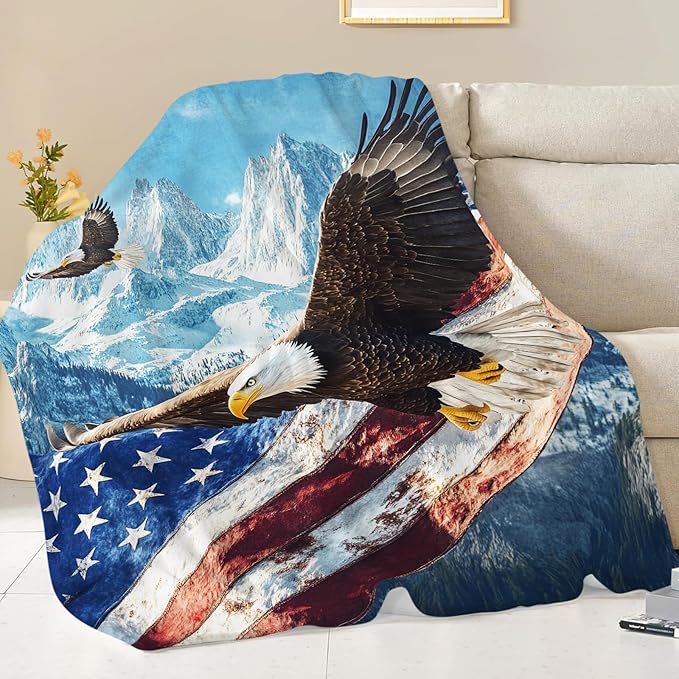 Eagle American Flag Blanket, Bald Eagle Throw Blanket, Soft Cozy Stuff Fleece Blankets Gifts for Mens Boys Couch Sofa Bed 50" x 40"