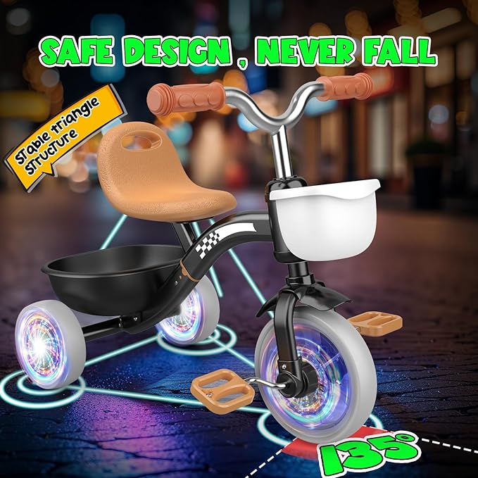 Toddler Tricycle for 1-3 3-4 Year Olds, Toddler Toys Baby Bike, Toys for Ages 2-4, 3-Level Adjustable Seat, 3 Colorful Lighting Wheels, 2 3 4 Year Old Boy Birthday Gifts