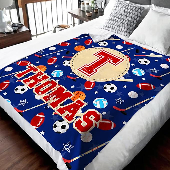 Sport Blanket Gifts for Kids Toddler Teens Sports Lovers, Personalized Throw Blanket with Name Initial Letter for Boys, Custom Soft Fuzzy Blankets for Bed Couch Sofa Decor
