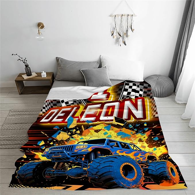 Custom Truck Blanket with Name Personalized Cars Throw Blanket for Boys Cars Lovers Gifts for Couch Sofa Bed Decor (Boy-01)