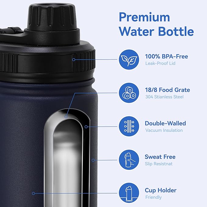 DOMICARE 16 oz Water Bottle Stainless Steel Double Wall Vacuum Insulated Water Bottle with Straw lids & Spout Lid, Leakproof
