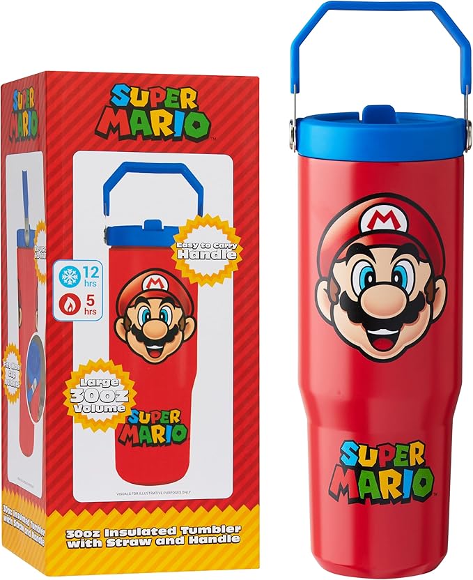 Get Trend Super Mario Tumbler Stainless Steel with Straw 30oz Kids Teens Insulated Cup with Lid Travel Mug Cups for School Sports Gifts for Kids (Red Super Mario)
