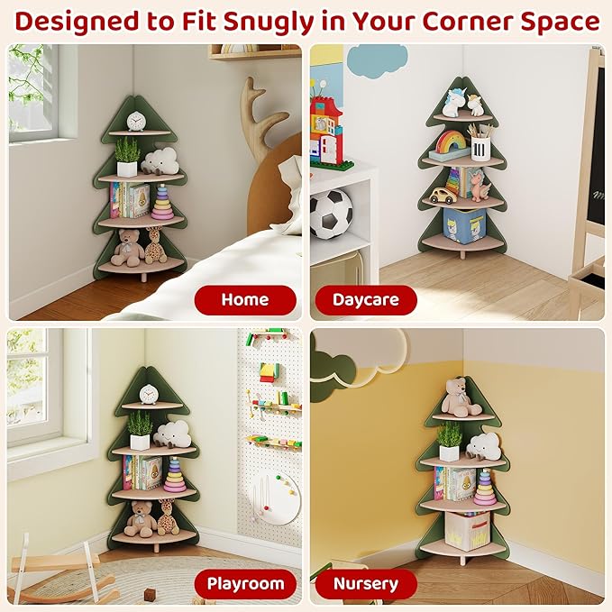 Tree Bookshelf for Kids, 4-Tier Montessori Corner Bookcase, Space-Saving Freestanding Storage Organizer for Books & Toys, Suitable for Kids Room, Playroom, Classroom, Nursery