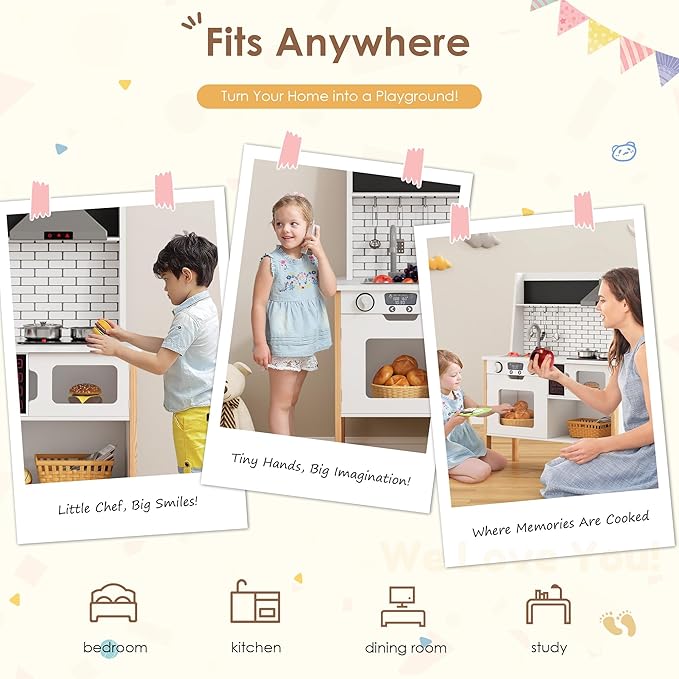 DlandHome Kids Kitchen Playset, Pretend Kitchen Playset with Real Lights & Sounds, Chef Pretend Play Set with Sink Oven Microwave, Ideal Role Play Toy Gift for Toddlers and Kids Ages 3+, White