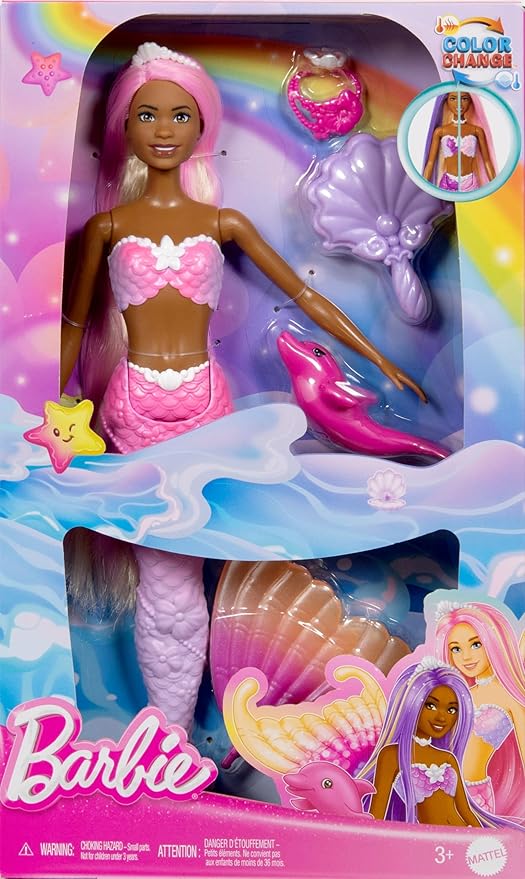 Barbie Mermaid Doll, “Brooklyn” with Pink Hair, Styling Accessories, Pet Dolphin and Water-Activated Color Change Feature, HRP98