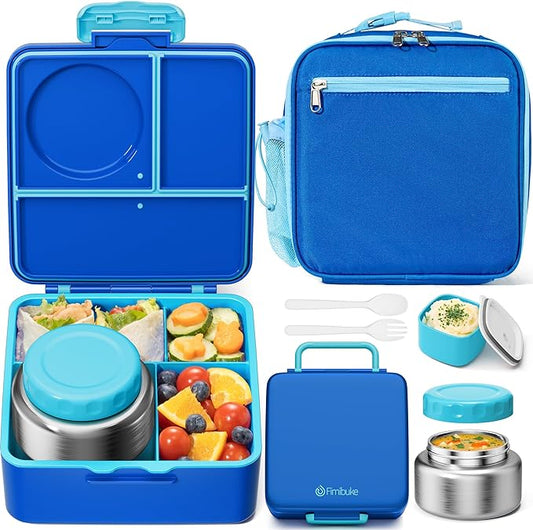 Fimibuke Bento lunch Box Set for Kids Adult with 8oz Insulated Food Jar, Lunch Bag & Sauce Cup, Leakproof Dishwasher Safe Toddler Lunch Food Container with 3-4 Compartment for School Girls Boys