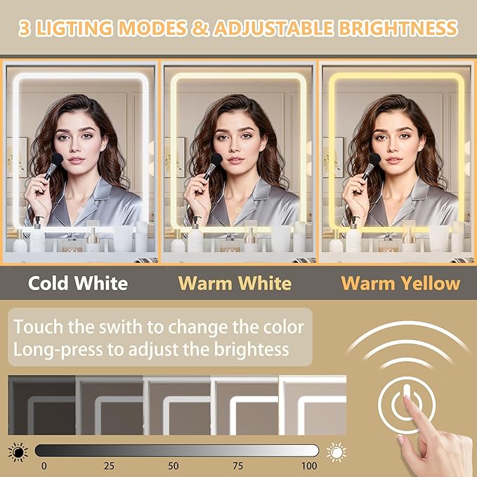 Makeup Vanity Desk with Mirror and Lights, 41" White Vanity Set with 5 Drawers & 4 Glass Cabinets, Power Outlet & Adjustable LED Lights, Dressing Table for Women & Girls Bedroom