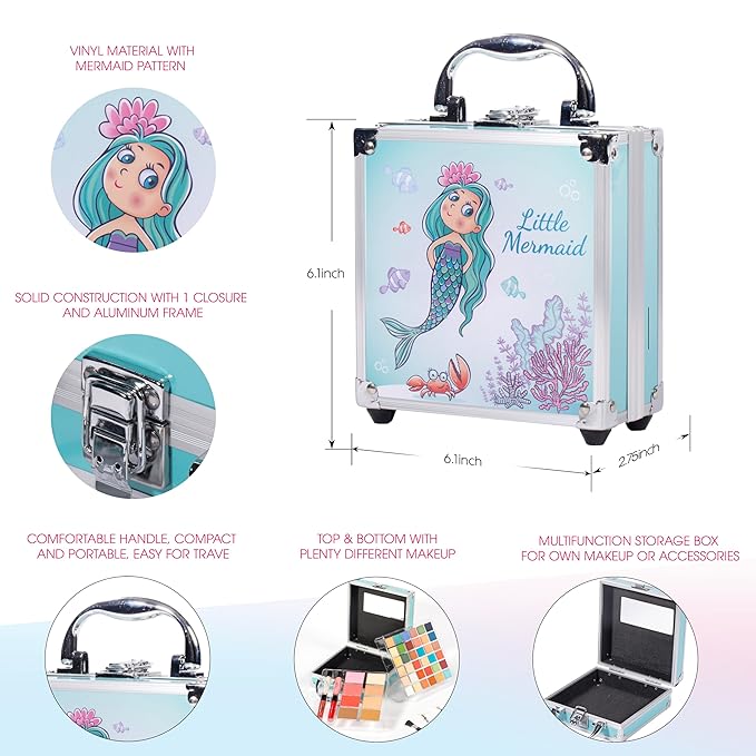 Hot Sugar Girls Makeup Kit Age 4-6 7-8 10-12, Little Girl Makeup Set, Makeup Kit for Teenagers 13-15 Includes Eyeshadow Lip Gloss Blush Highlighter Contour Brush (Blue Mermaid)