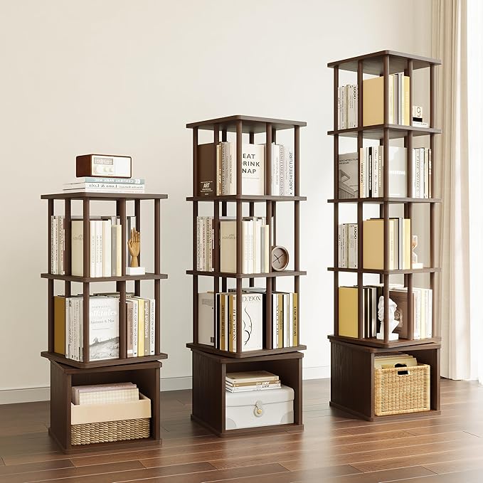 IOTXY 4-Tier Rotating Bookshelf Tower - Beech Wood Frame Spinning Bookcase with Storage Base, Tall Freestanding Revolving Shelf Organizer, Walnut