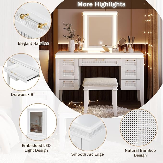 LUMISOL Makeup Vanity Desk with Mirror and Lights, 3 Lighting Modes, 48" Vanity Table with 7 Bamboo Weave Drawers, Dressing Table Set with Cushioned Stool, Light Beige