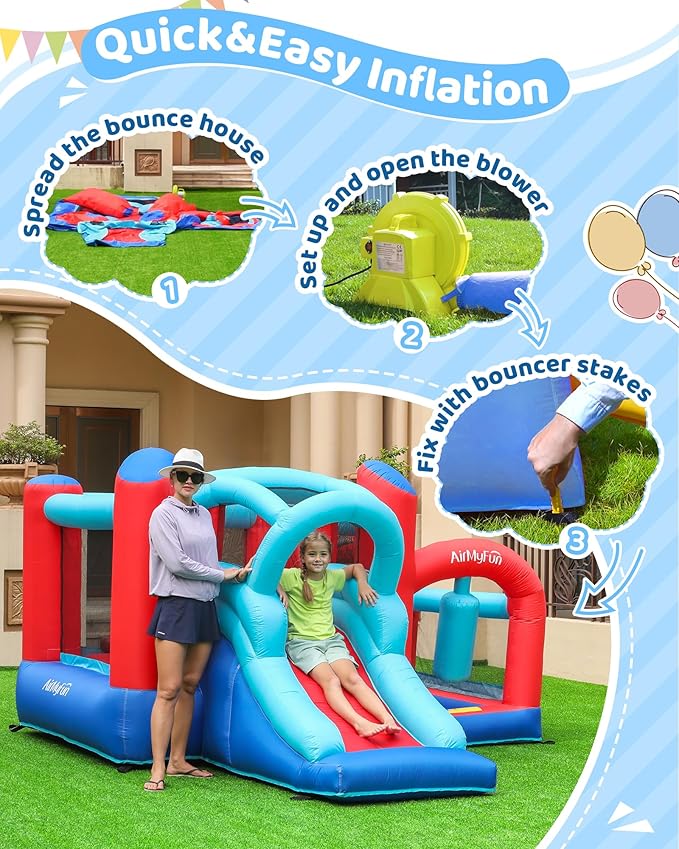 AirMyFun Inflatable Bounce House, Bouncy House with Slide,Indoor Outdoor Bounce House with Ball Pit,Basketball Hoop,Target Balls and Boxing,Inflatable Bouncer for Party