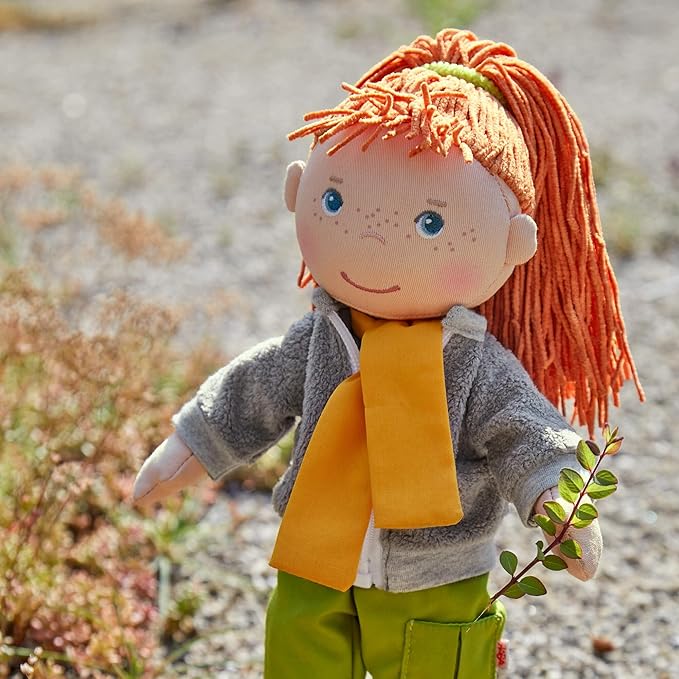 HABA 12" Soft Doll Soley with Red Hair, Outdoor Adventure Outfit and Embroidered Face, Machine Washable Baby Doll with Clothes and Baby Dolls for 18 Months and up