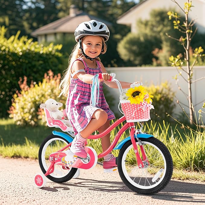 BABY JOY Kids Bike, 12 14 16 18 Inch Children Bicycle w/Detachable Training Wheels, Storage Basket, Adjustable Seat & Handlebar, Bow or Streamer, Girls Bike for 3-8 Years Old