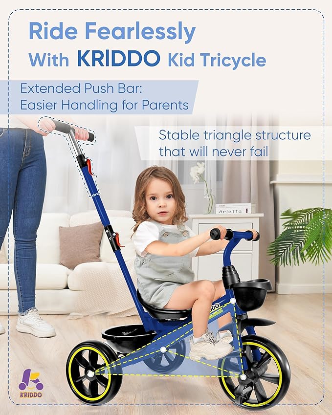 KRIDDO 2-in-1 Toddler Tricycle for Ages 18 Months to 5 Years Old - Extended Push Handle for Effortless Push, Gift Trike for Toddler 3 to 5 Year, Kids Tricycle with Foldable Front Footrest, Blue
