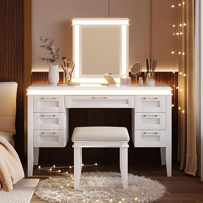 LUMISOL Makeup Vanity Desk with Mirror and Lights, 3 Lighting Modes, 48" Vanity Table with 7 Bamboo Weave Drawers, Dressing Table Set with Cushioned Stool, Light Beige