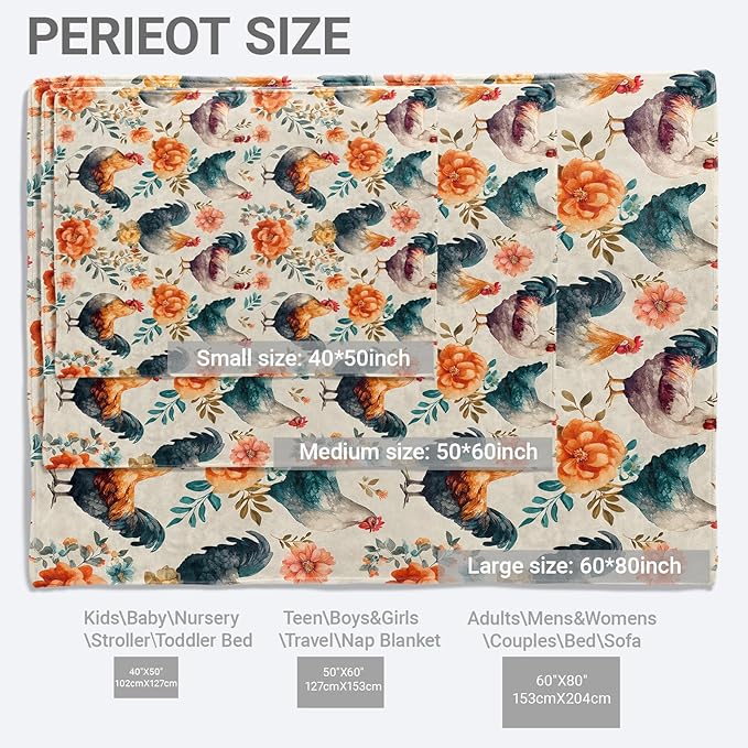Country Chicken Blanket,Rooster and Bright Floral Fleece Blankets,Soft Decorative Throw for Bedroom,Farmhouse,Travel,Camping,Practical Throws Gifts for Adults Farm Animal Lovers,50X60 Inch