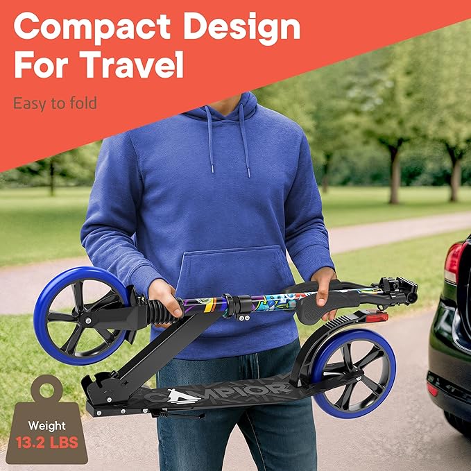 Kick Scooter for Ages 6+, for Kids, Teens, and Adults, Max Load 240 LBS, Foldable, 8-inch Big Wheels for Kids and Adults, with Kickstand, 3 Adjustable Levels, Child Safety Approved, Graffiti