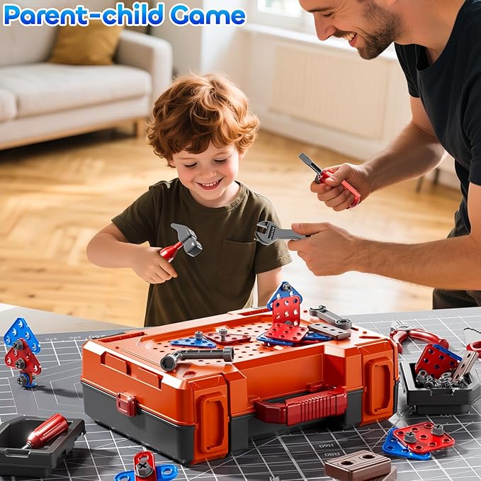 Kids Tools Toy Sets for Aged 3 4 5 6 7 8, 2 in 1 Workbench Toys for Toddlers 3-5, Pretend Play Toolbox, Construction Mechanic Set with Sound, Educational Birthday Gift for Boys Girls Ages 3-8