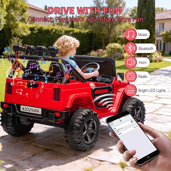 24V Ride on Toys for Kids, 2 Seater Electric Ride on Car w/Remote Control, 4 Powerful Motors, 4WD/2WD, 3 Speeds, Led Lights, Bluetooth, Ride on Truck for Kids Toddler, Red