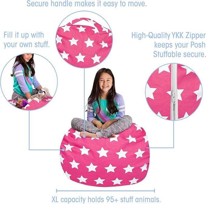 Posh Creations Kids Stuffed Animal Storage Bean Bag Chair Cover - Childrens Toy Organizer, Large-38in, Canvas White Stars on Pink