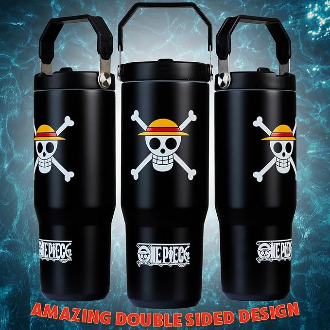 Get Trend One Piece Tumbler with Straw 30oz Kids Teens Insulated Cup with Lid Handle Travel Mug Cups with Lids for School Sports Anime Gifts for Kids (Black One Piece)