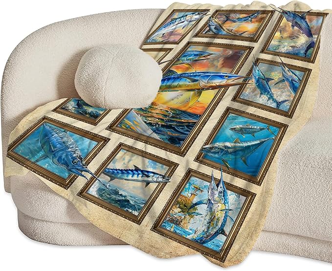 Fishing Blanket Fish Throw Blanket Cozy Plush Fleece Flannel Fishing Lover Gifts Blankets for Girls Boys Women Men 50"X40"