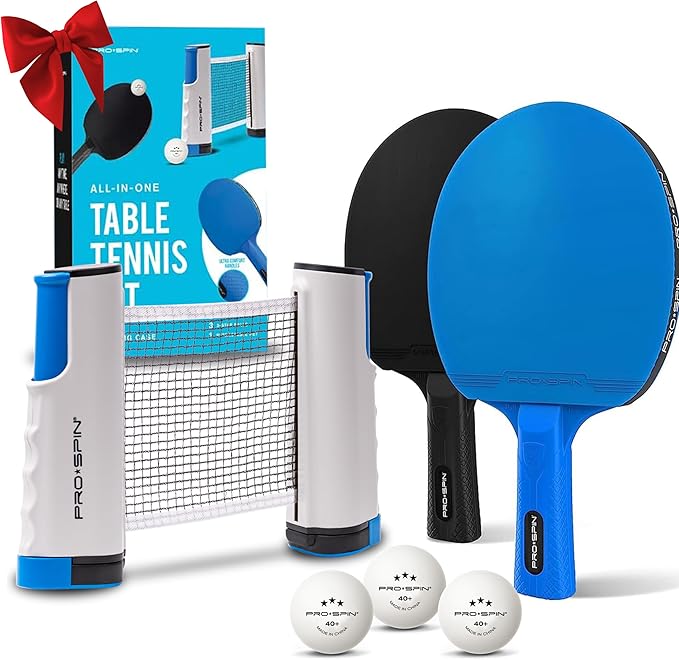 PRO-SPIN Portable Ping Pong Set with Retractable Ping Pong Net for Any Table, All-in-One Table Tennis Set with Ping Pong Paddles, Balls & Case, Table Top Family Game
