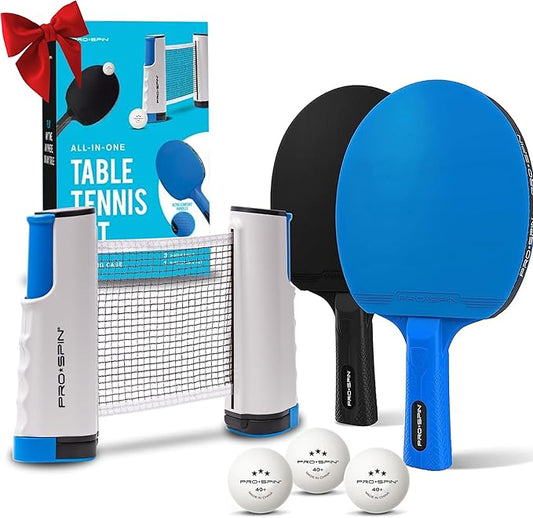 PRO-SPIN Portable Ping Pong Set with Retractable Ping Pong Net for Any Table, All-in-One Table Tennis Set with Ping Pong Paddles, Balls & Case, Table Top Family Game