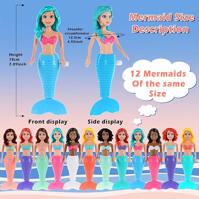 12-Pack Wind-Up Mermaid Bath Toys for Kids -Toddler Bath Toys for Kids Moving Tail Priness Doll Diverse Hair Colors & Styles Mermaids, Swimming Pool Party Favors
