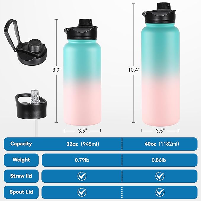 VEGOND 40 oz Insulated Water Bottle Stainless Steel Metal Water Bottles with Leak Proof Straw Lid & Spout Lid, Wide Mouth Double Walled Vacuum Travel Sports Bottle Cup, Green Pink