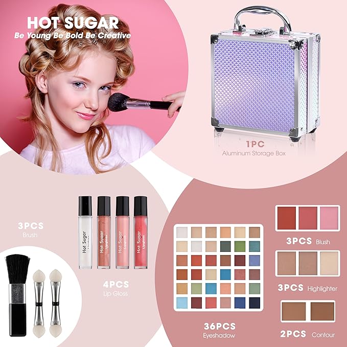 Hot Sugar Girls Makeup Kit Age 4-6 7-8 10-12, Little Girl Makeup Set, Makeup Kit for Teenagers 13-15 Includes Eyeshadow Lip Gloss Blush Highlighter Bronzer Brush (Mermaid)