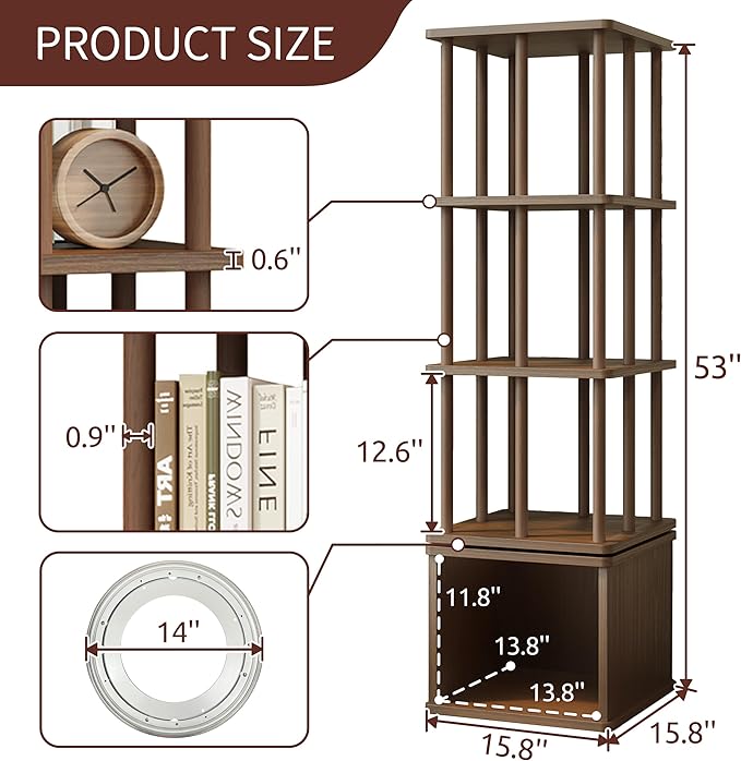 IOTXY 4-Tier Rotating Bookshelf Tower - Beech Wood Frame Spinning Bookcase with Storage Base, Tall Freestanding Revolving Shelf Organizer, Walnut